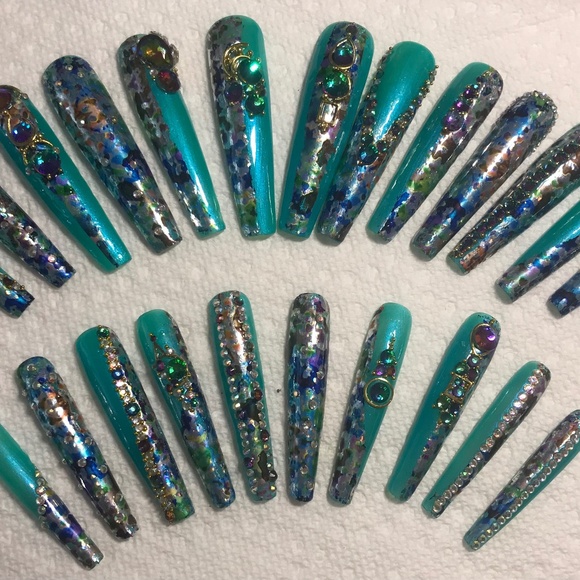 Luxury Custom Press-ons Handmade 3XL Mermaid Summer Crystal set 24 - Picture 1 of 4